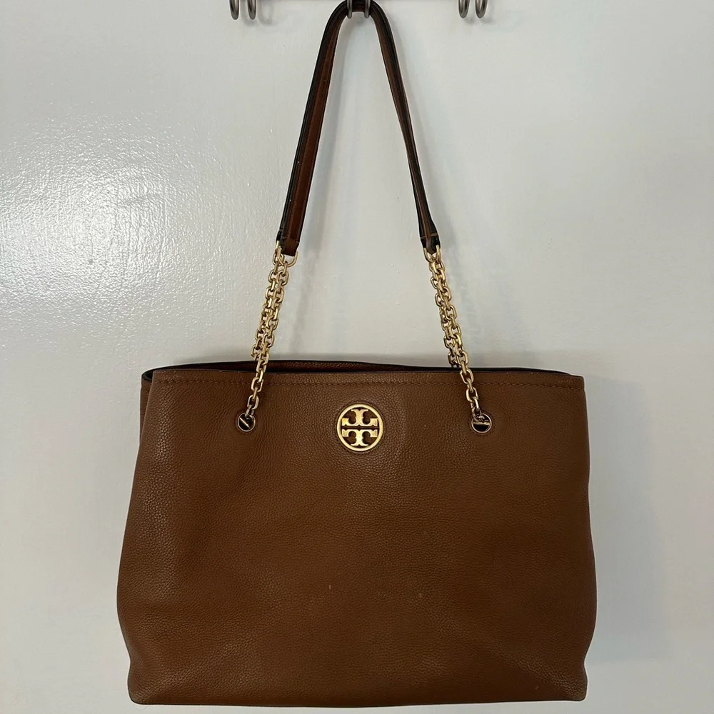Tory Burch Cognac Pebbled Leather Tote with Gold Logo Chain